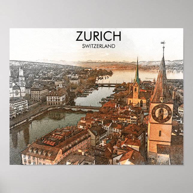 Zurich Schweiz Panorama View Poster (Framsidan)