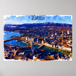 Zurich Schweiz Panorama View Watercolor Poster
