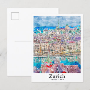 Zürich Schweiz Resa Akvarell Handritad Vykort