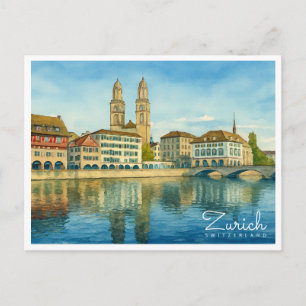Zürich Schweiz Retro Akvarell Resa Helg Vykort