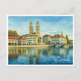 Zürich Schweiz Retro Akvarell Resa Helg Vykort