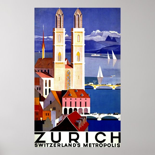 Zürich, Schweiz stad, kyrka, vintage resor Poster (Framsidan)