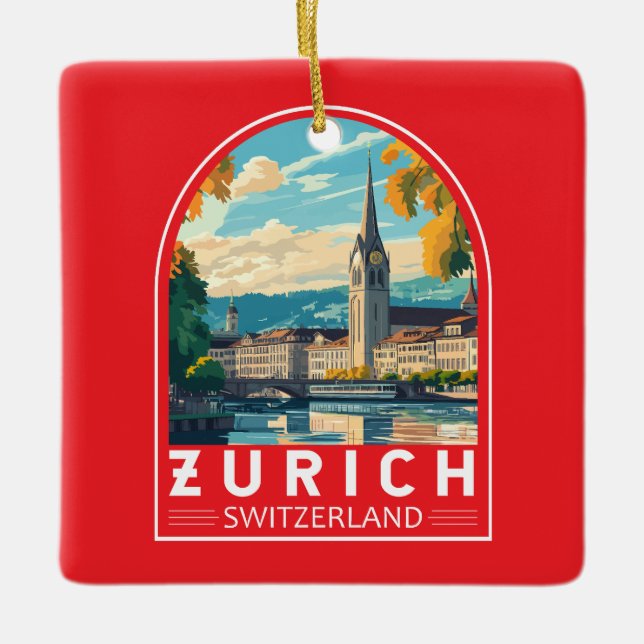 Zurich Schweiz Travel Art Emblem Julgransprydnad Keramik (Framsida)