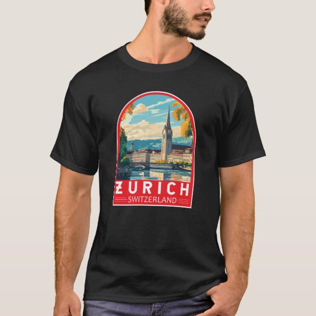 Zurich Schweiz Travel Art Emblem T Shirt (Framsida)
