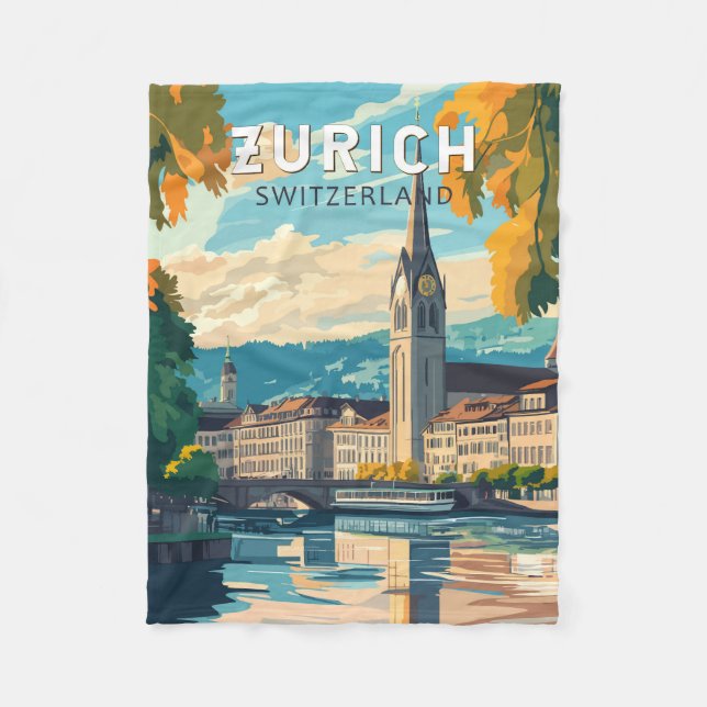 Zürich Schweiz Travel Art Vintage Fleecefilt (Framsidan)
