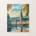 Zürich Schweiz Travel Art Vintage Pussel<br><div class="desc">Färgdesign för Zurich-retrovektor. De piklika körfälten i det centrala Altstadt-området (den gamla staden) på båda sidor av Limmatfloden återspeglar dess förmedeltida historia.</div>