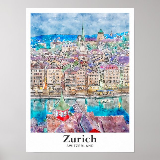 Zurich Schweiz Travel Watercolor Hand plockade Poster (Framsidan)