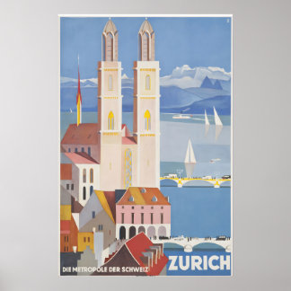 Zurich Schweiz Vintage Resemålning - Inramad Poster