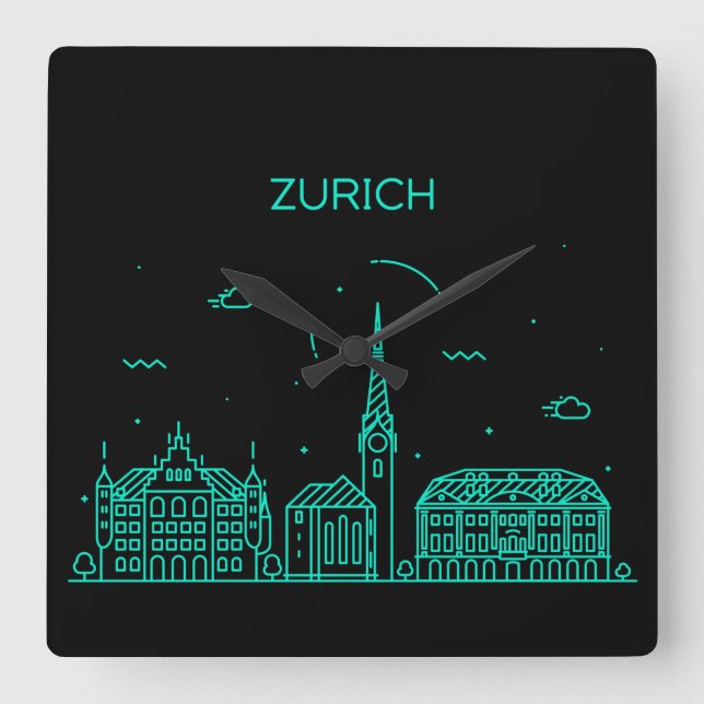 Zurich Skyline Fyrkantig Klocka (Framsida)