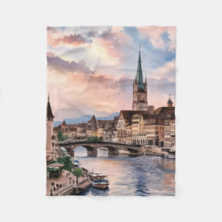 Zurich Switzerland Watercolor Painting Fleecefilt
