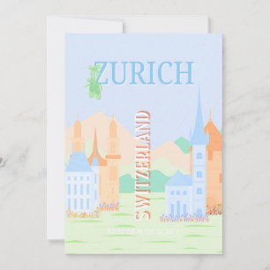 Zürich Travel Art, Schweiz, Blue Retro Travel Julkort
