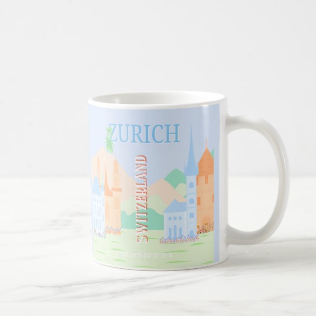 Zürich Travel Art, Schweiz, Blue Retro Travel Kaffemugg (Höger)