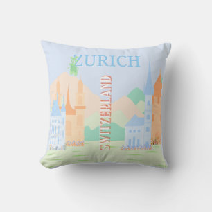 Zürich Travel Art, Schweiz, Blue Retro Travel Kudde