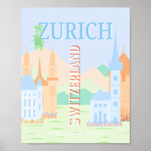 Zürich Travel Art, Schweiz, Blue Retro Travel Poster
