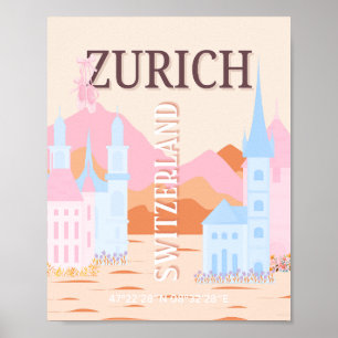 Zürich Travel Art, Schweiz, Retro Travel Art Poster