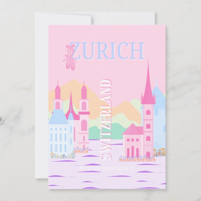 Zurich Travel Art, Schweiz, Rosa Preppy Julkort (Framsida)