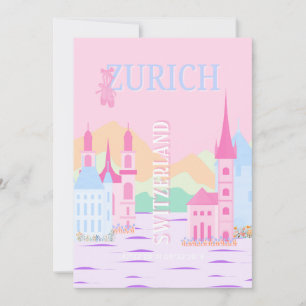 Zurich Travel Art, Schweiz, Rosa Preppy Julkort