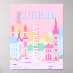Zurich Travel Art, Schweiz, Rosa Preppy Poster