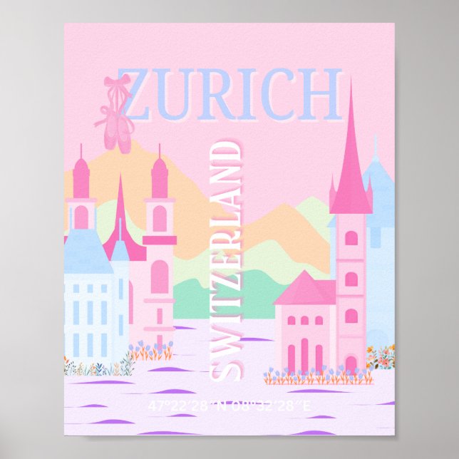 Zurich Travel Art, Schweiz, Rosa Preppy Poster (Framsidan)
