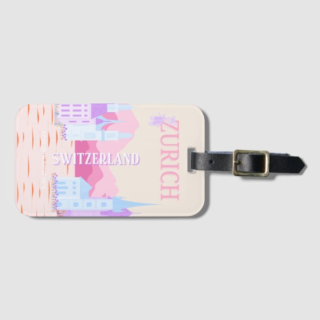 Zurich Travel Art, Schweiz, Rosa Preppy Travel Bagagebricka (Framsida horisontal)
