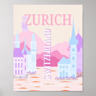 Zurich Travel Art, Schweiz, Rosa Preppy Travel Poster