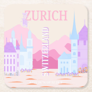 Zurich Travel Art, Schweiz, Rosa Preppy Travel Underlägg Papper Kvadrat