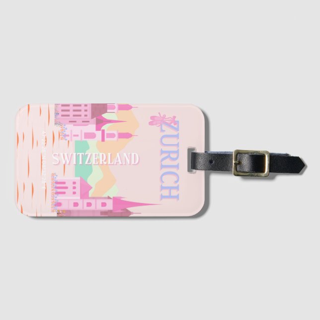 Zürich Travel Art, Schweiz, Rosa Retro Travel Bagagebricka (Framsida horisontal)