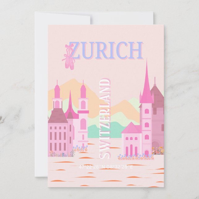 Zürich Travel Art, Schweiz, Rosa Retro Travel Julkort (Framsida)