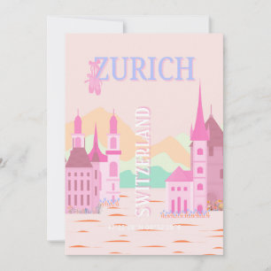 Zürich Travel Art, Schweiz, Rosa Retro Travel Julkort