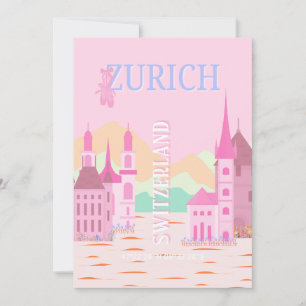 Zurich Travel Art, Schweiz Travel Art, Rosa Julkort