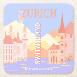 Zurich Travel Art, Schweiz Travel Art Underlägg Papper Kvadrat