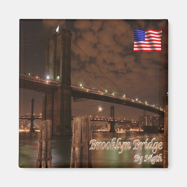 zUS113 BROOKLYN BRIDGE by Night, NYC, Fridge Magnet (Framsidan)