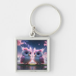 Zwei kleine Eulen in einer Traumwelt  Fyrkantig Silverfärgad Nyckelring