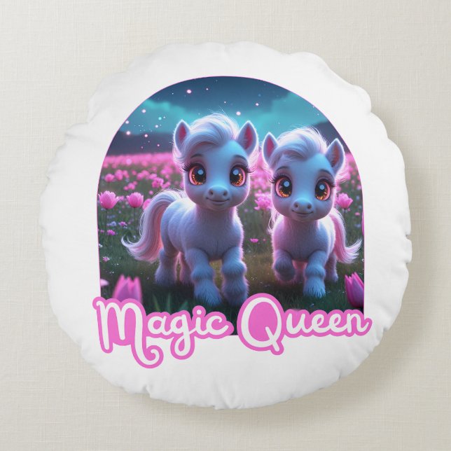 Zwei kleine süße Ponys - Magic Queen Rund Kudde (Framsidan)