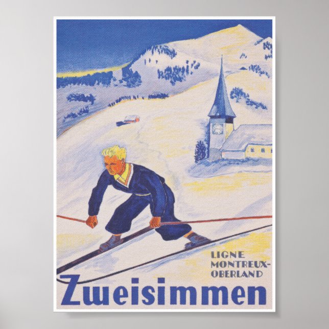 Zweisimmen Schweiz Vintage Ski Travel Poster (Framsidan)